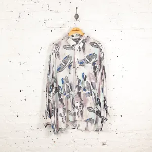 90s Long Sleeve Pattern Shirt - White - XL