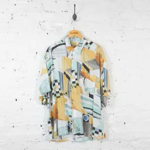 90s Patterned Short Sleeve Shirt - White - XXL