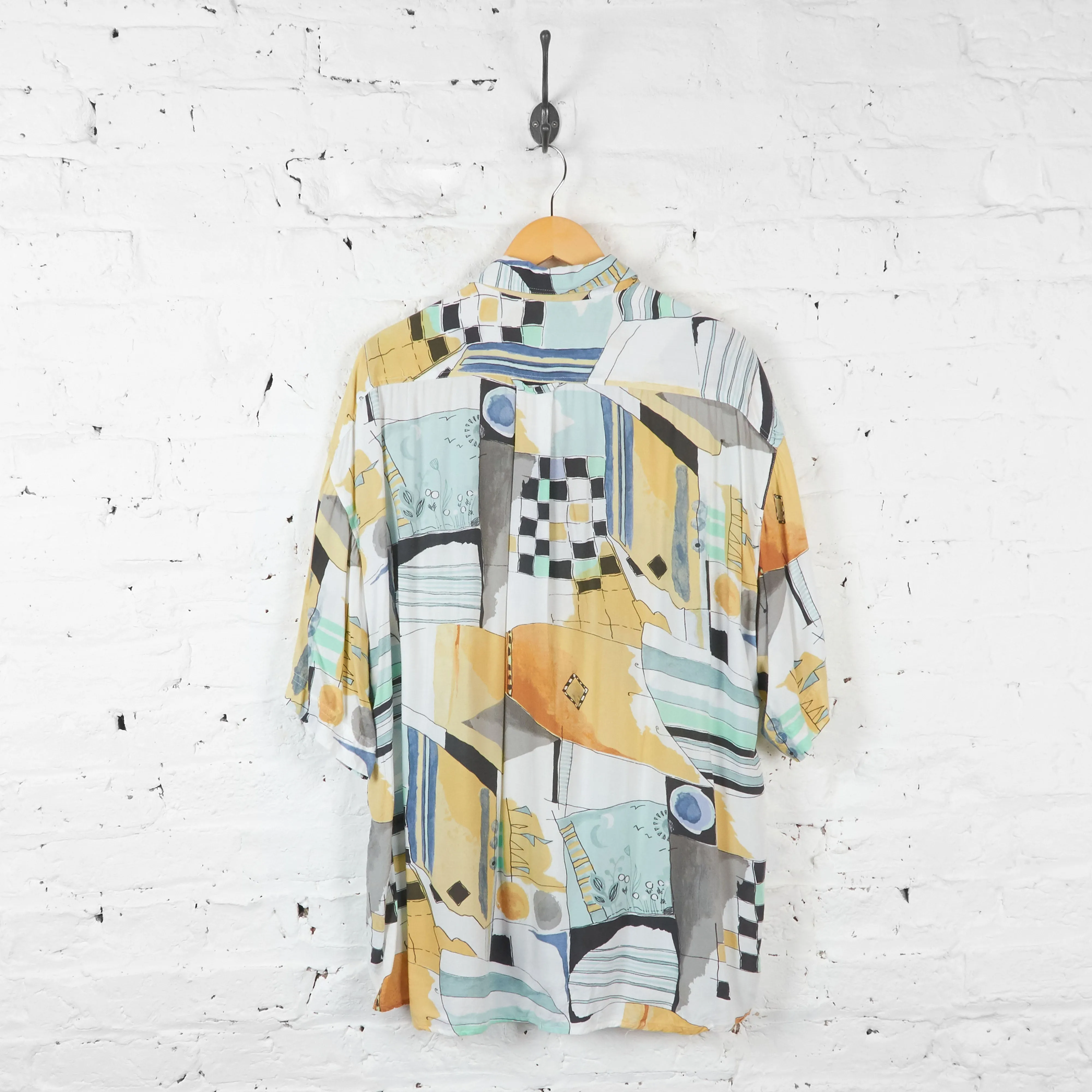 90s Patterned Short Sleeve Shirt - White - XXL
