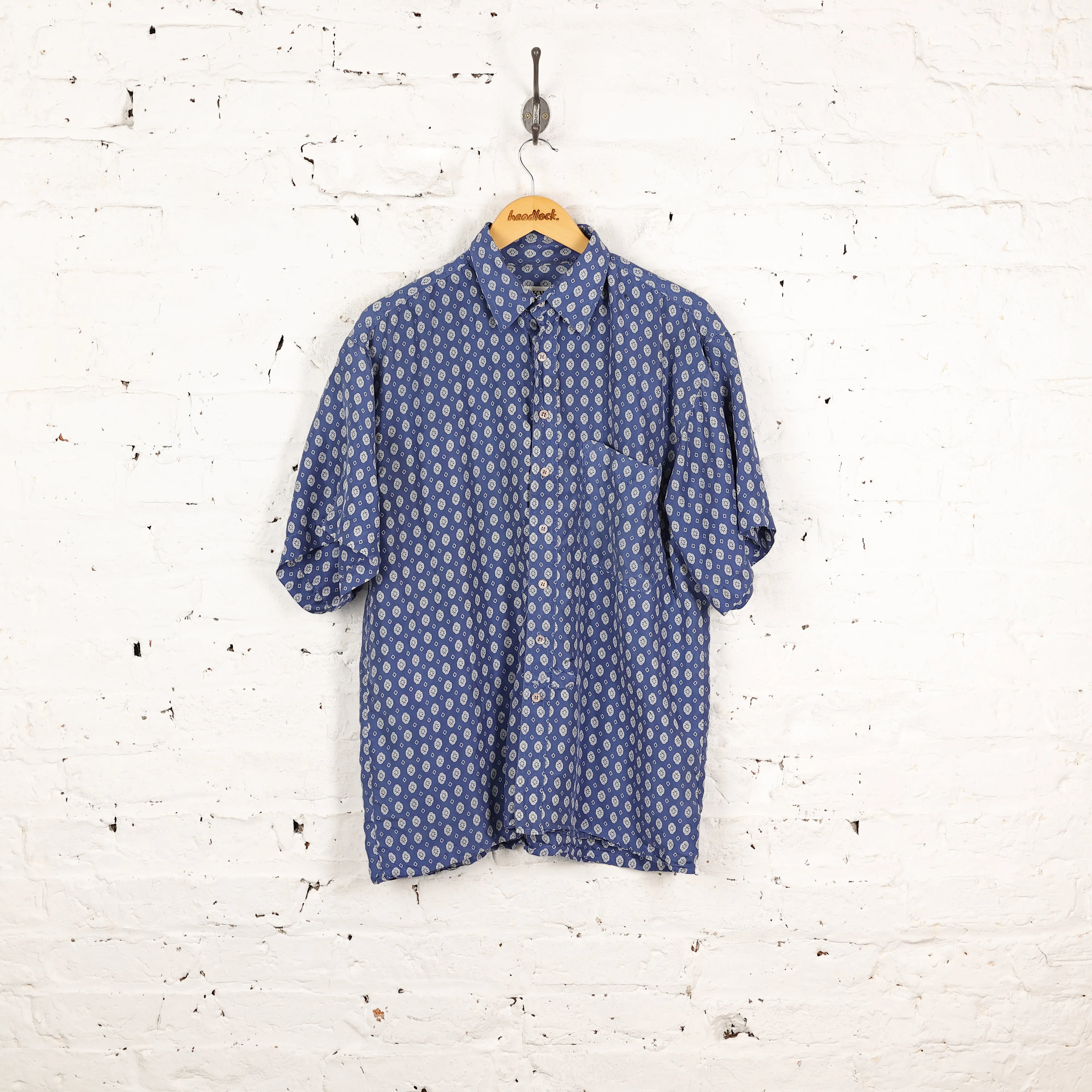 90s Silk Short Sleeve Pattern Shirt - Blue - L