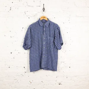 90s Silk Short Sleeve Pattern Shirt - Blue - L