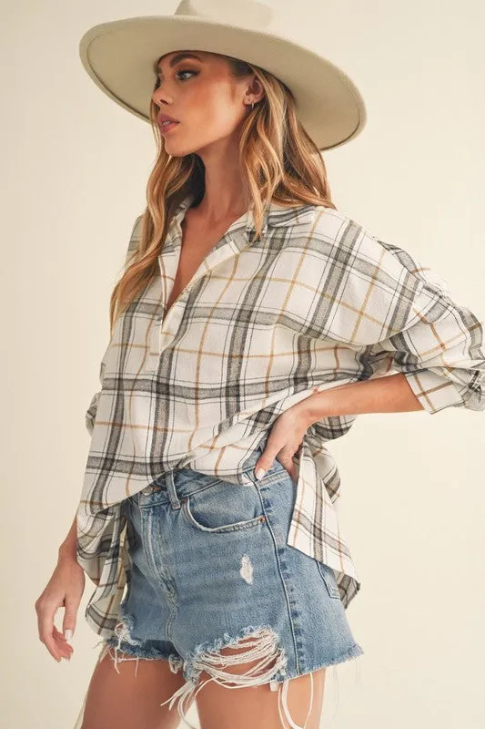 Aemi   Co Side Slit High-Low Plaid Long Sleeve Polo Shirt