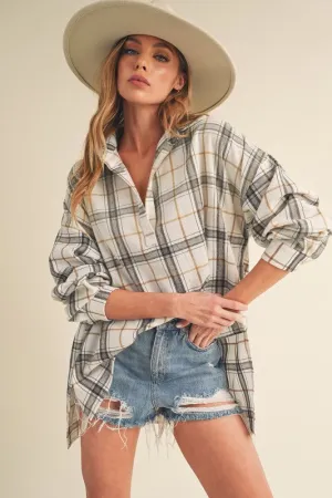 Aemi   Co Side Slit High-Low Plaid Long Sleeve Polo Shirt
