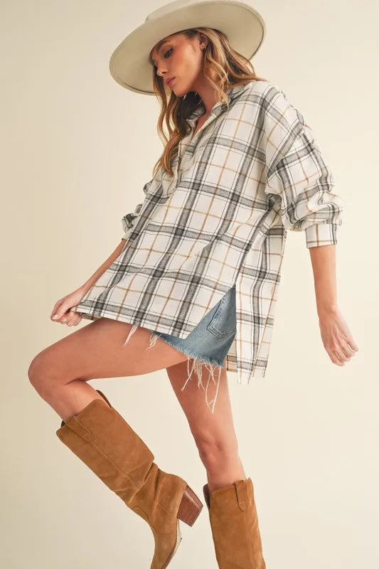 Aemi   Co Side Slit High-Low Plaid Long Sleeve Polo Shirt