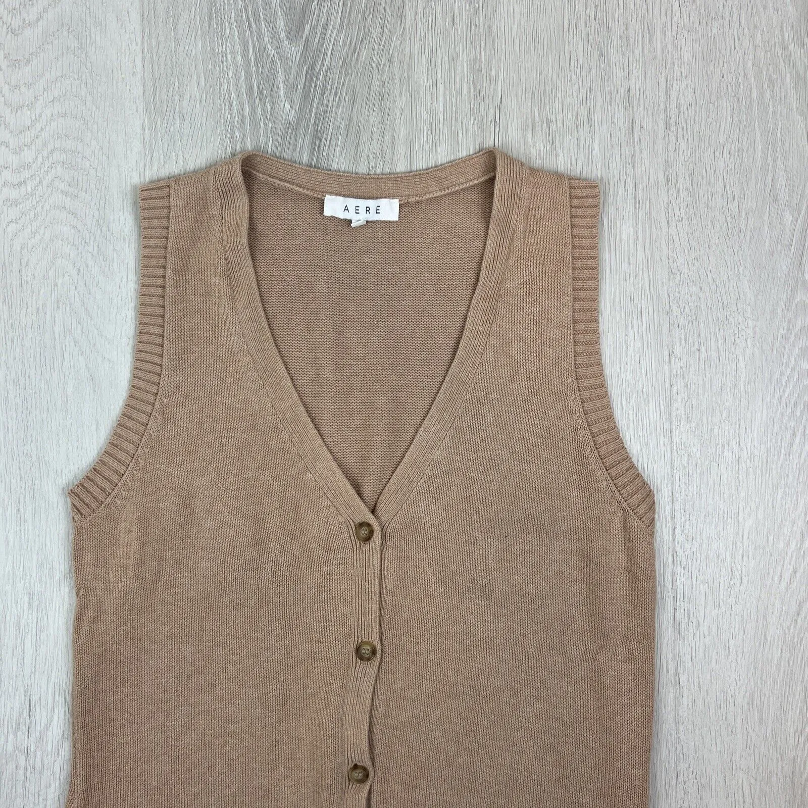 AERE Womens Beige 4-Button Linen Blend Vest Tank Top Size 12