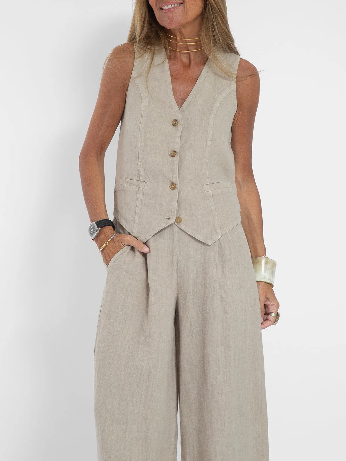 Aira | Buttoned Vest & Wide-Leg Trousers Set
