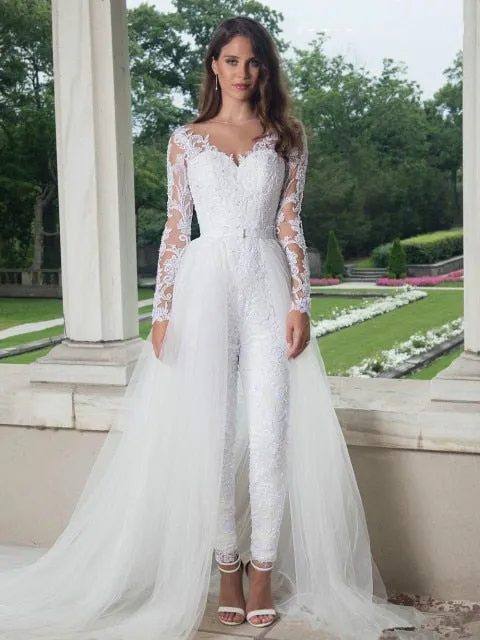 Alternative Bride White Jumpsuit Wedding Dress With Detachable Train Long Sleeves And Lace Applique