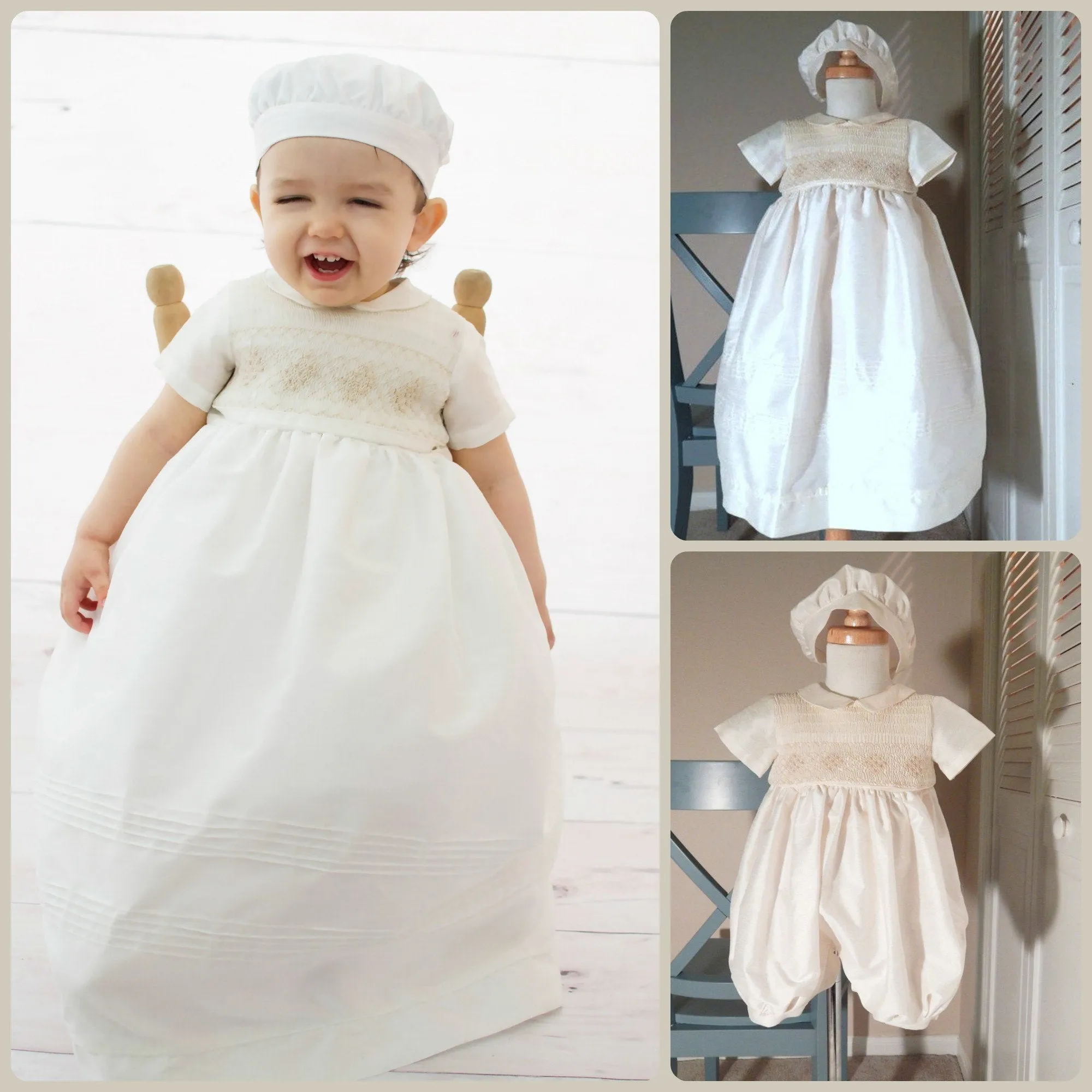 Baby Boy Christening Gown Romper with Detachable Skirt,  Ivory Shantung, Baptism Outfit,  Blessing Boy, Dedication Baby Boy Personalized