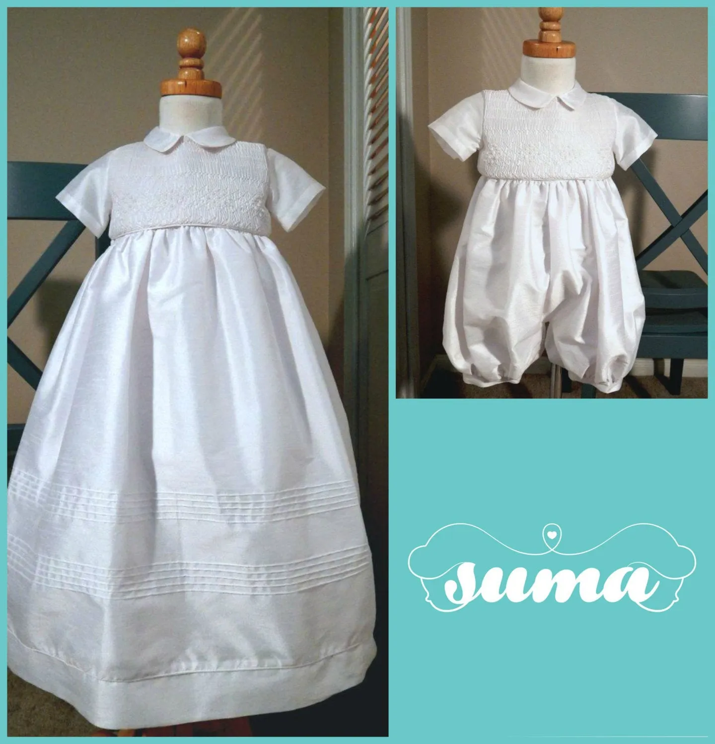 Baby Boy  Christening Gown  with Detachable Skirt,  Baptism, Blessing  Outfit White Shantung Fabric Free Personalization