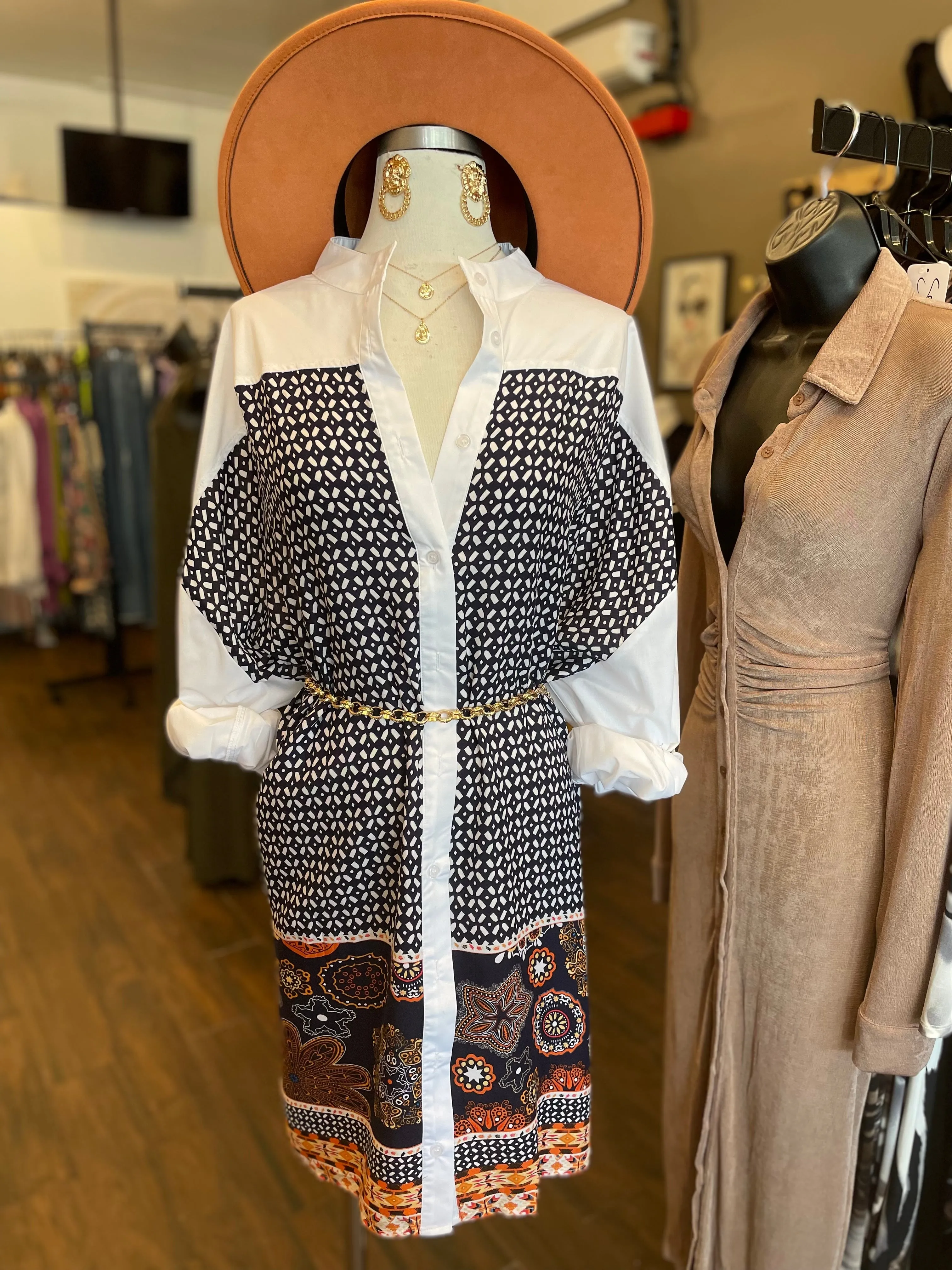 Bank Collar Button Shirt Dress