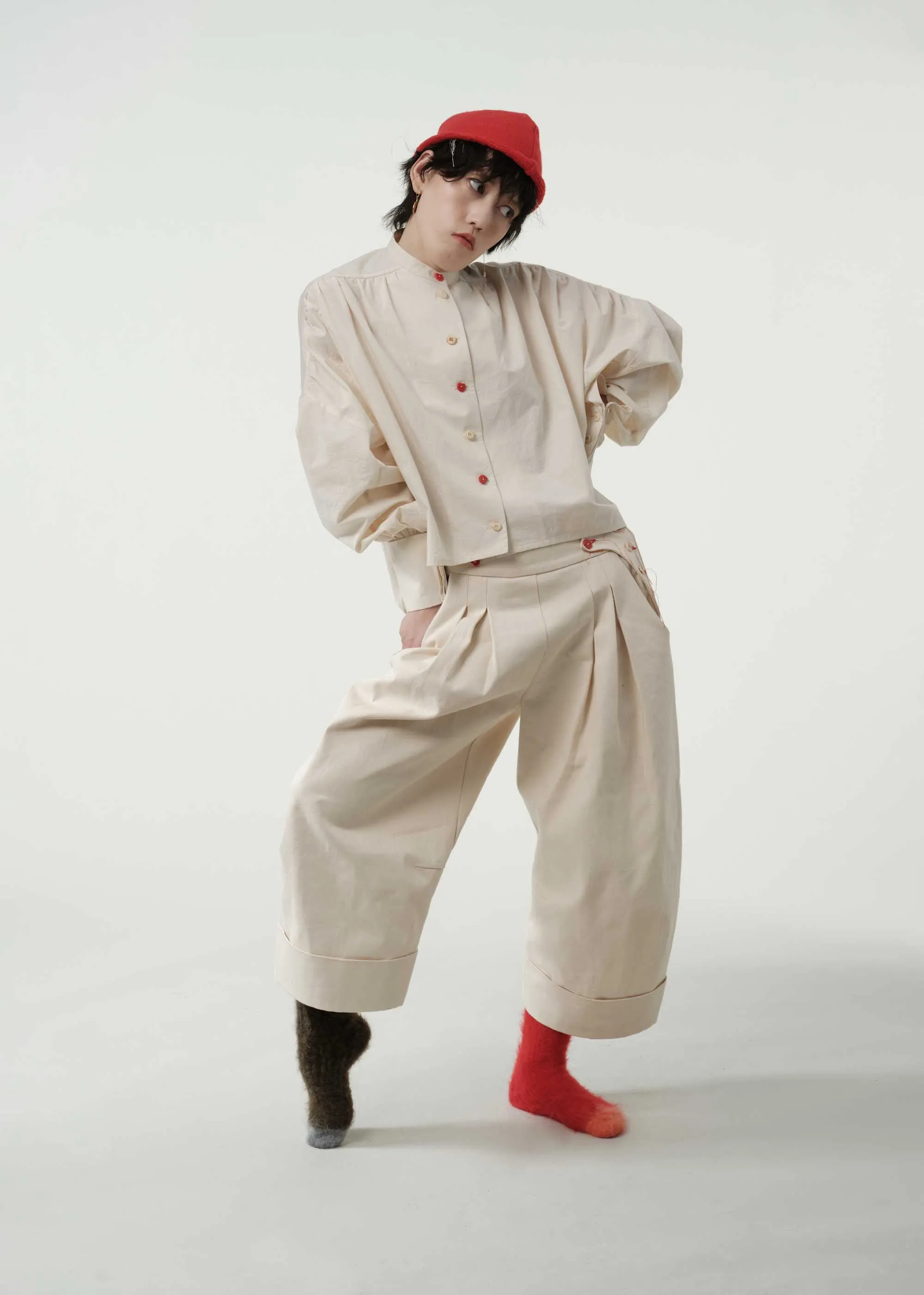 Beige Ruched Band Collar Blouse