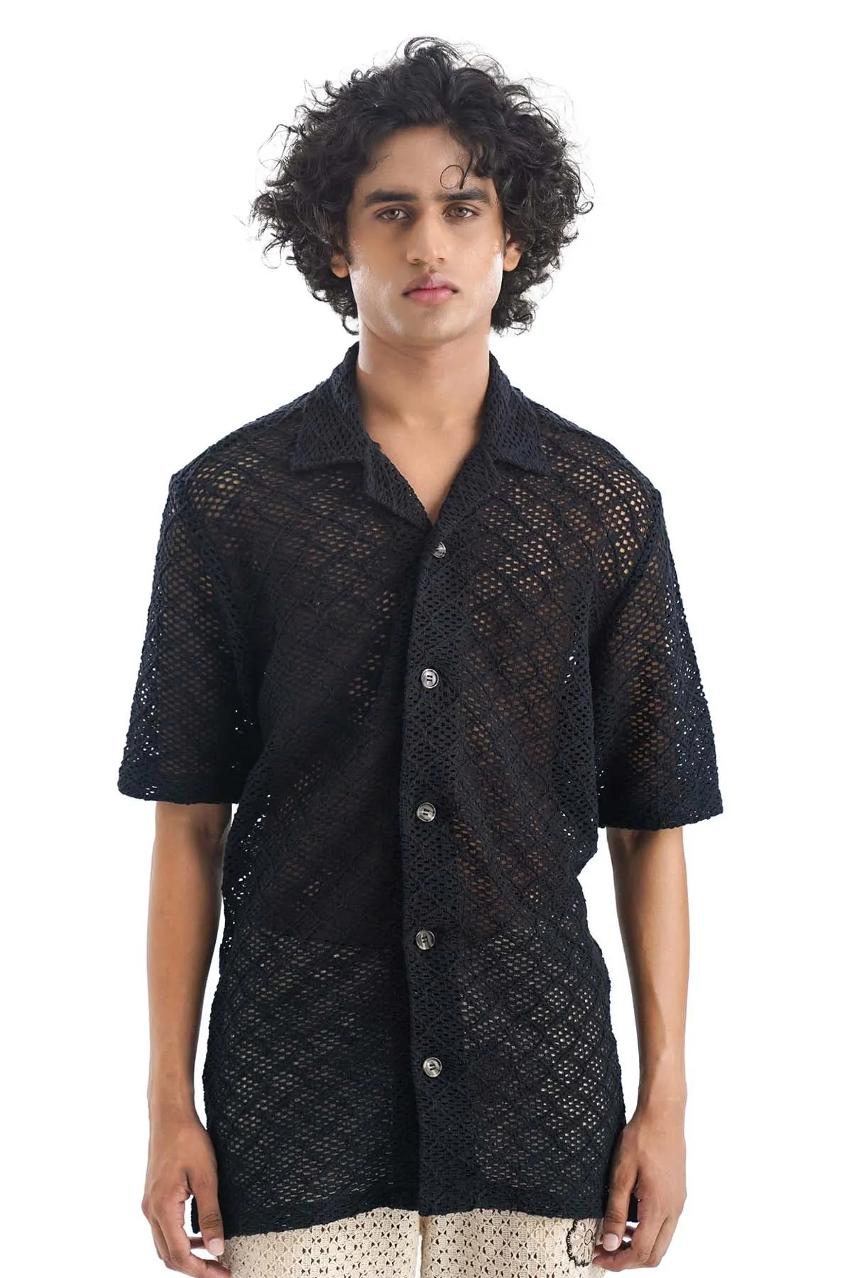 Black Cotton Cuban Collar Shirt