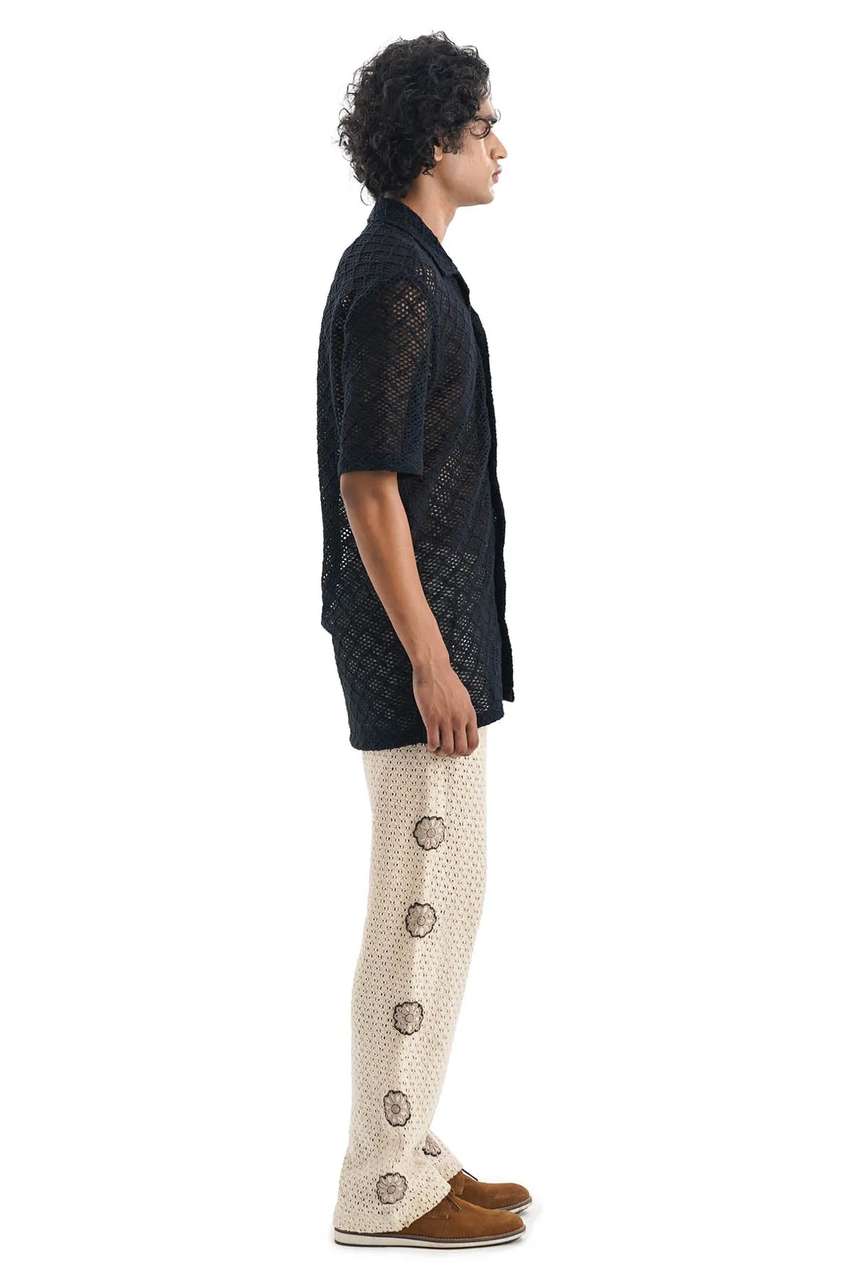 Black Cotton Cuban Collar Shirt