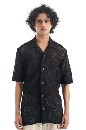 Black Cotton Cuban Collar Shirt