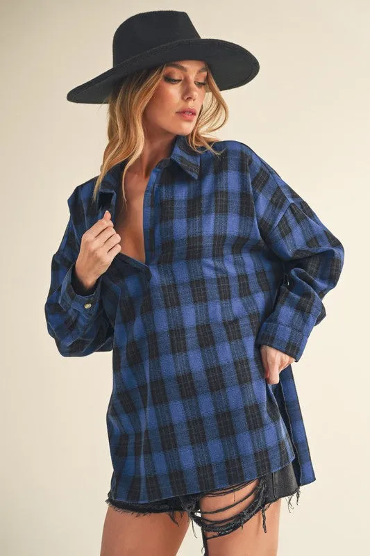 Blue High-Low Plaid Long Sleeve Polo Shirt