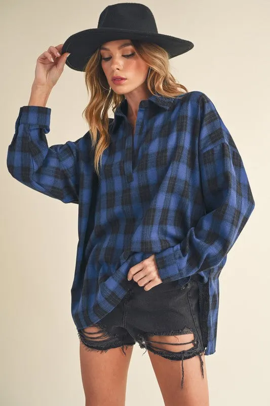 Blue High-Low Plaid Long Sleeve Polo Shirt