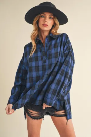 Blue High-Low Plaid Long Sleeve Polo Shirt