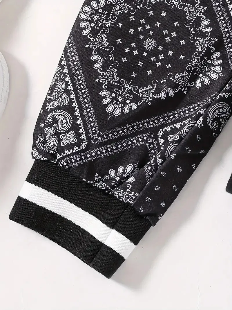 Boy's Street Pattern Baseball Jacket Black Pant Set