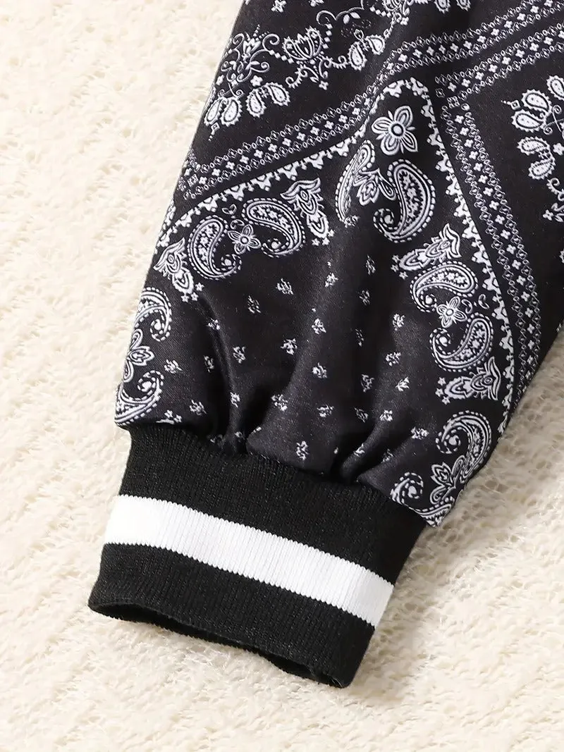 Boy's Street Pattern Baseball Jacket Black Pant Set