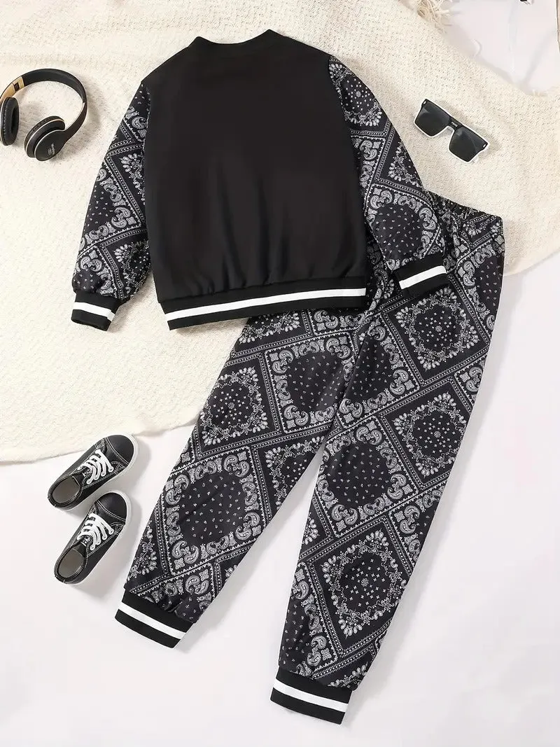 Boy's Street Pattern Baseball Jacket Black Pant Set