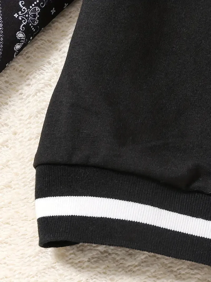 Boy's Street Pattern Baseball Jacket Black Pant Set