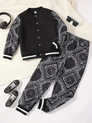 Boy's Street Pattern Baseball Jacket Black Pant Set