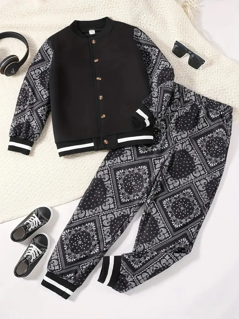 Boy's Street Pattern Baseball Jacket Black Pant Set