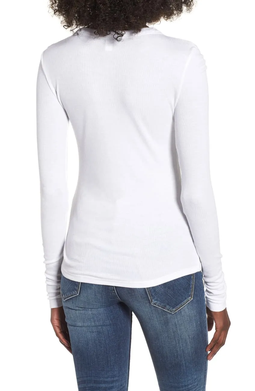 BP. Ribbed Long Sleeve Tee In White, A stretchy rib-knit design perfects the figure-flaunting fit of this lithe, long-sleeve tee. Sizing: Runs small; order one size up. Sz Large! Retails $45 