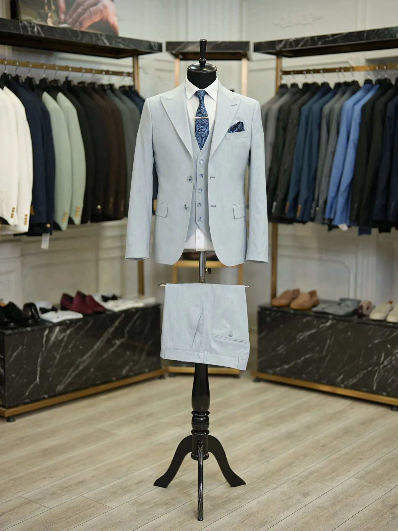 Brabion Maison Light Blue Slim Fit Pinstripe Suit