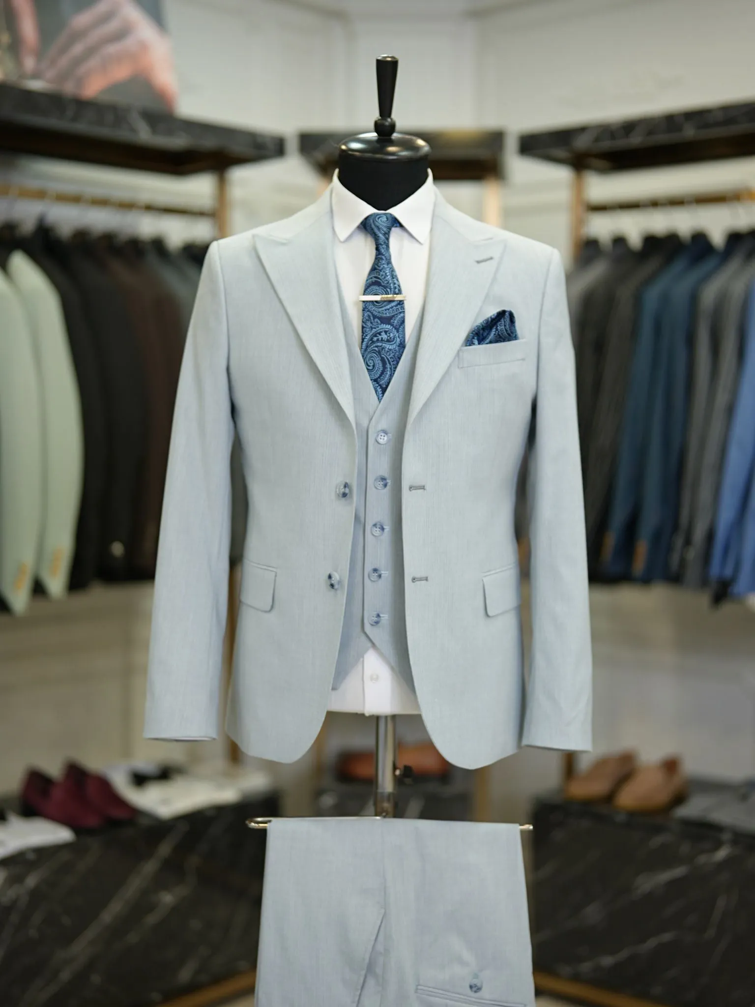 Brabion Maison Light Blue Slim Fit Pinstripe Suit