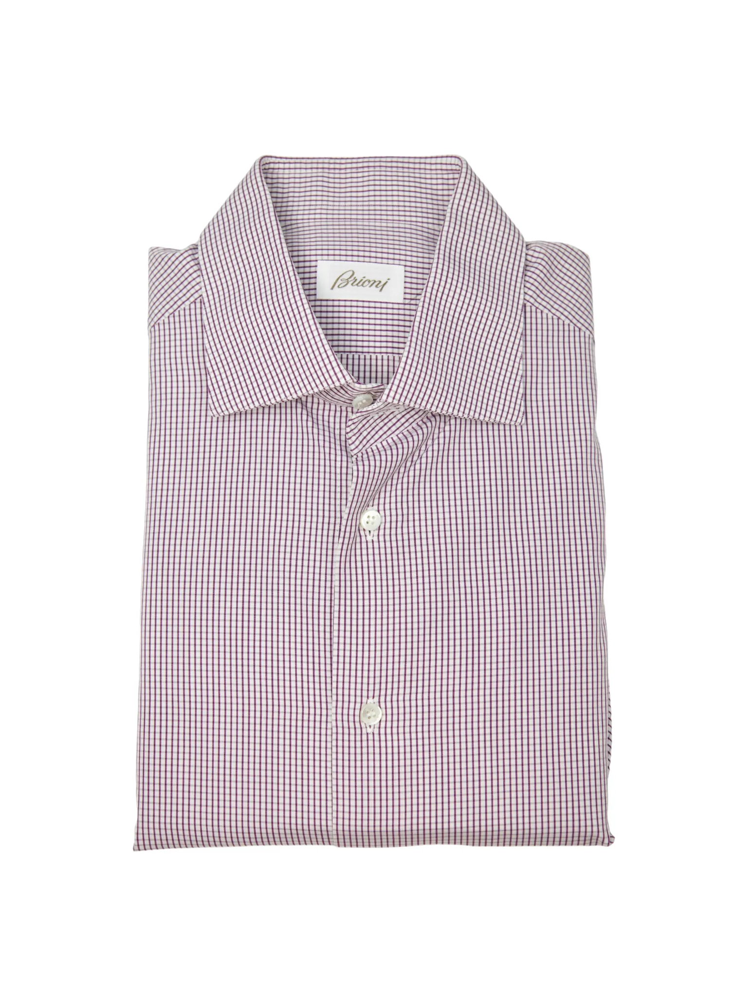 Brioni White & Aubergine Cotton Gingham Check Shirt