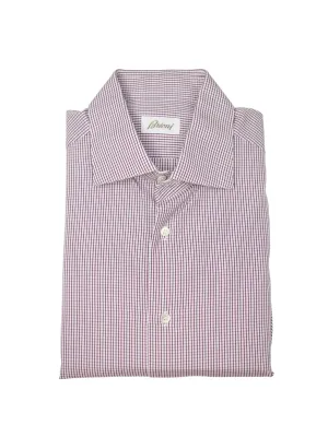 Brioni White & Aubergine Cotton Gingham Check Shirt