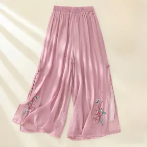 Buddha Stones Artistic Embroidery Flower Double Layer Chinese Frog Button Split Cotton Linen Women's Wide Leg Pants