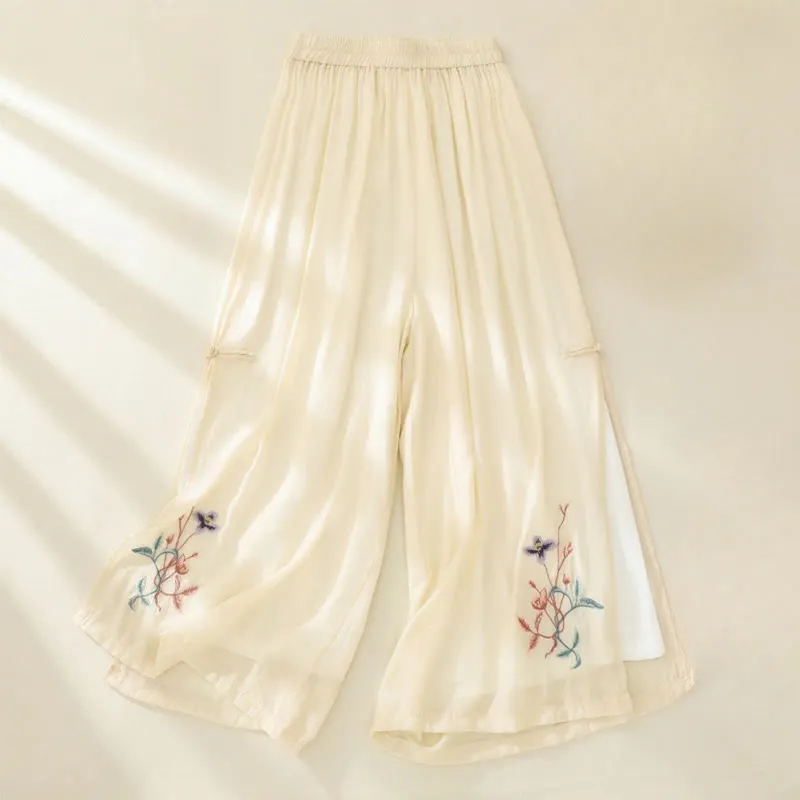 Buddha Stones Artistic Embroidery Flower Double Layer Chinese Frog Button Split Cotton Linen Women's Wide Leg Pants