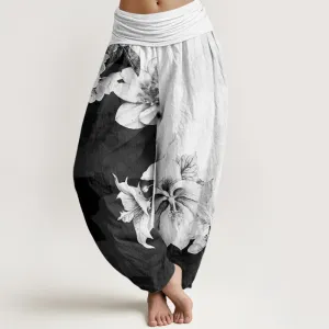 Buddha Stones Camellia Pattern Women's Elastic Waist Harem Pants