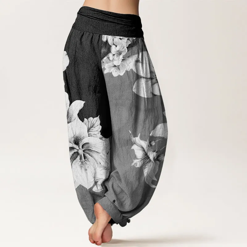 Buddha Stones Camellia Pattern Women's Elastic Waist Harem Pants