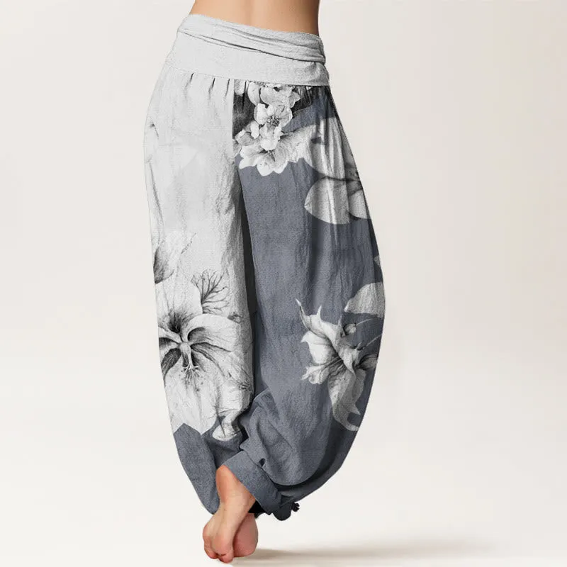 Buddha Stones Camellia Pattern Women's Elastic Waist Harem Pants