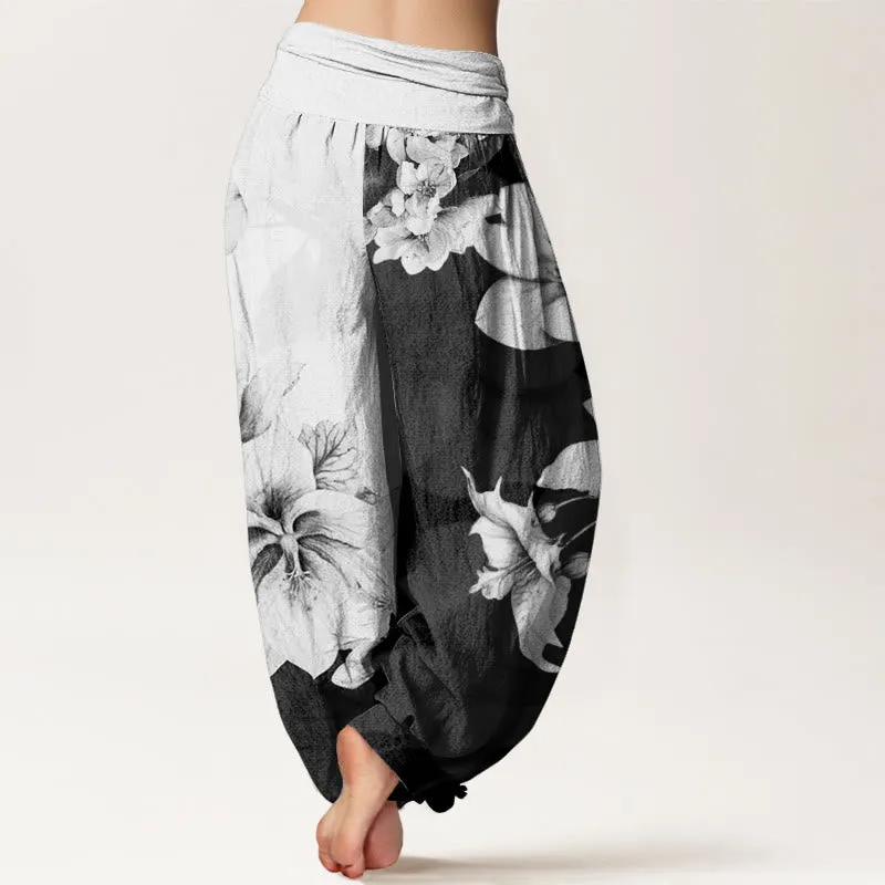 Buddha Stones Camellia Pattern Women's Elastic Waist Harem Pants