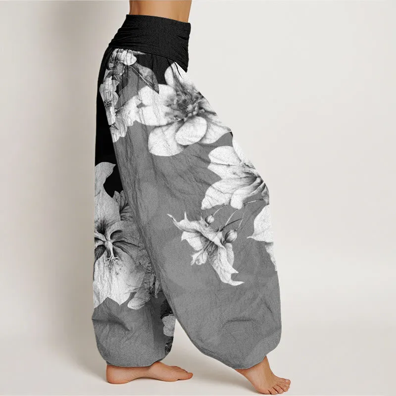 Buddha Stones Camellia Pattern Women's Elastic Waist Harem Pants
