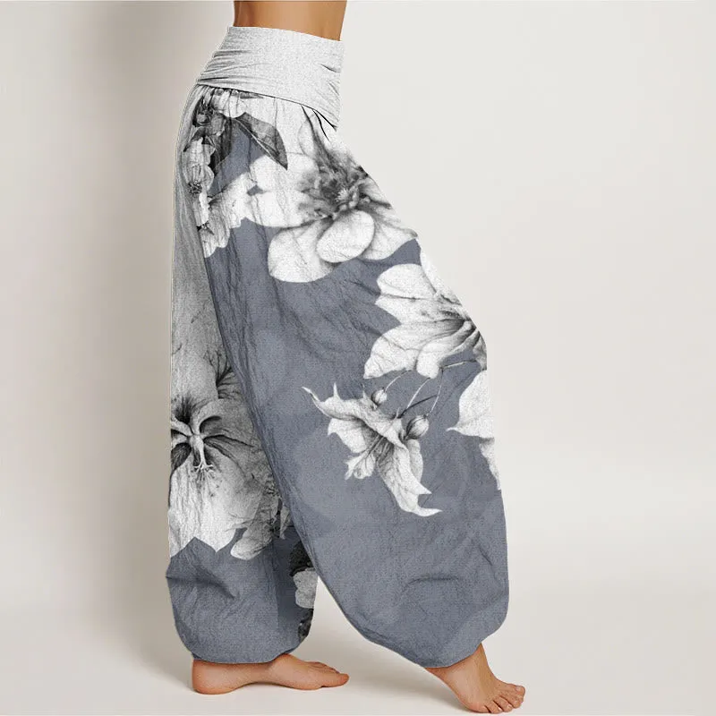 Buddha Stones Camellia Pattern Women's Elastic Waist Harem Pants