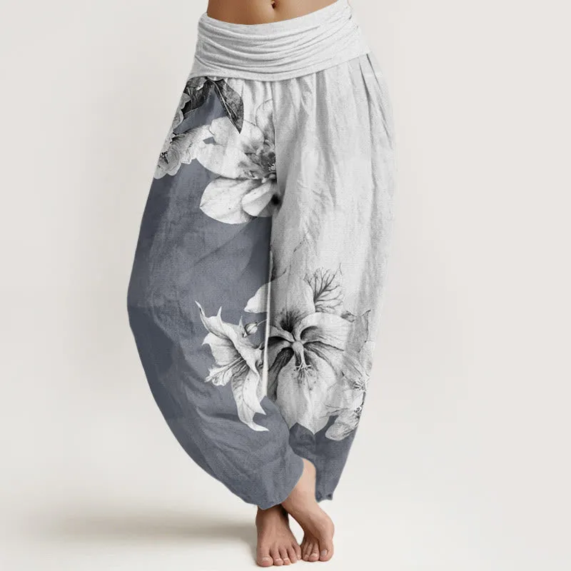 Buddha Stones Camellia Pattern Women's Elastic Waist Harem Pants
