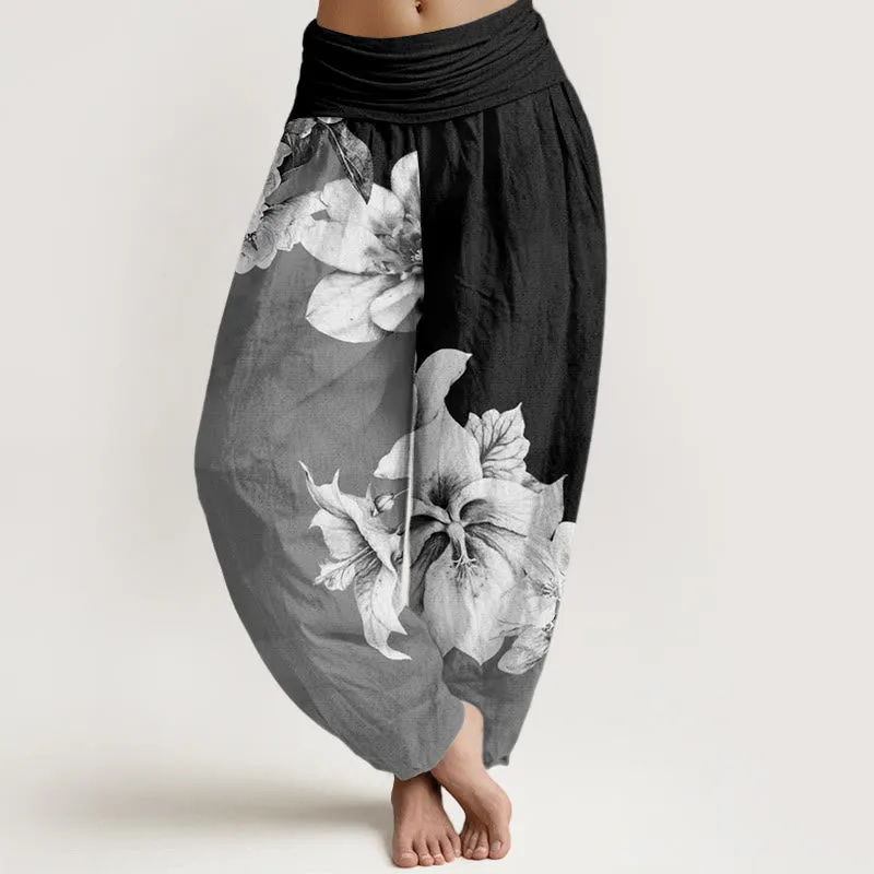 Buddha Stones Camellia Pattern Women's Elastic Waist Harem Pants