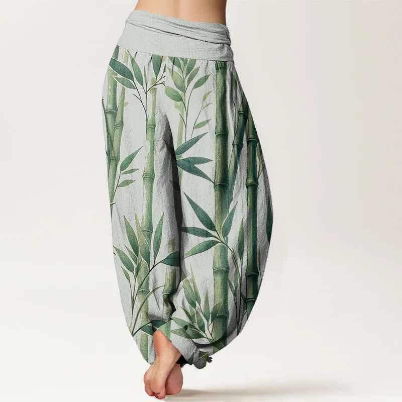 Buddha Stones Casual Bamboo Leaves Pattern Women's Elastic Waist Harem Pants
