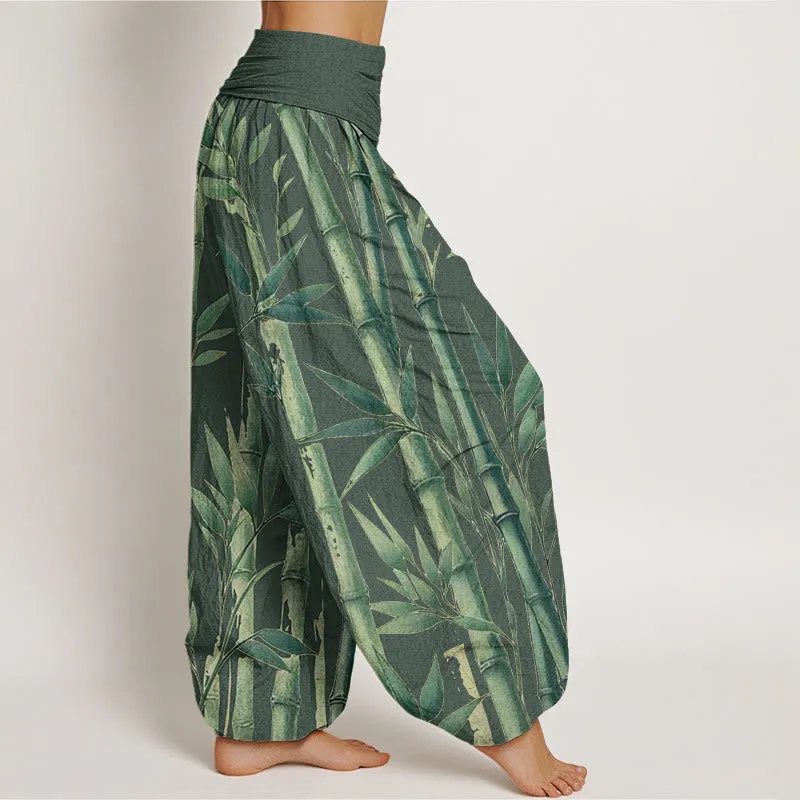 Buddha Stones Casual Bamboo Leaves Pattern Women's Elastic Waist Harem Pants