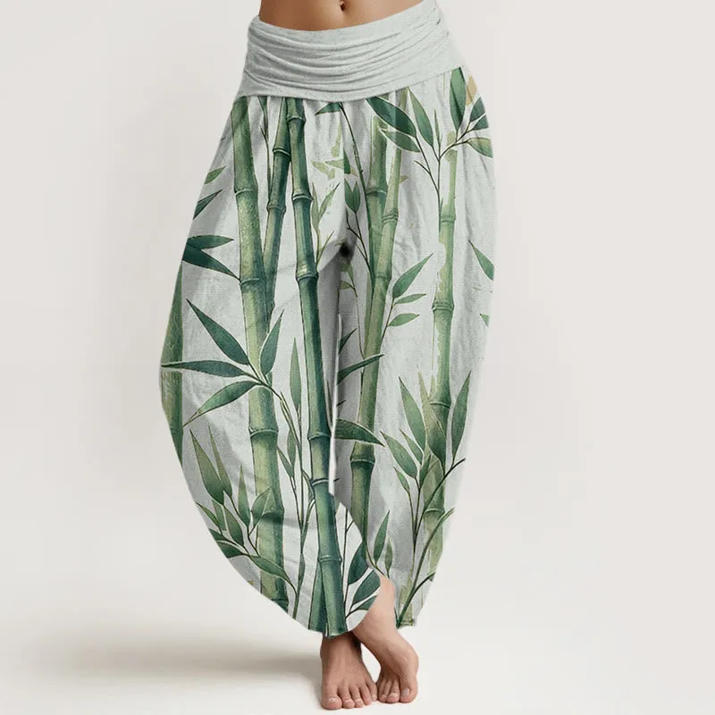Buddha Stones Casual Bamboo Leaves Pattern Women's Elastic Waist Harem Pants