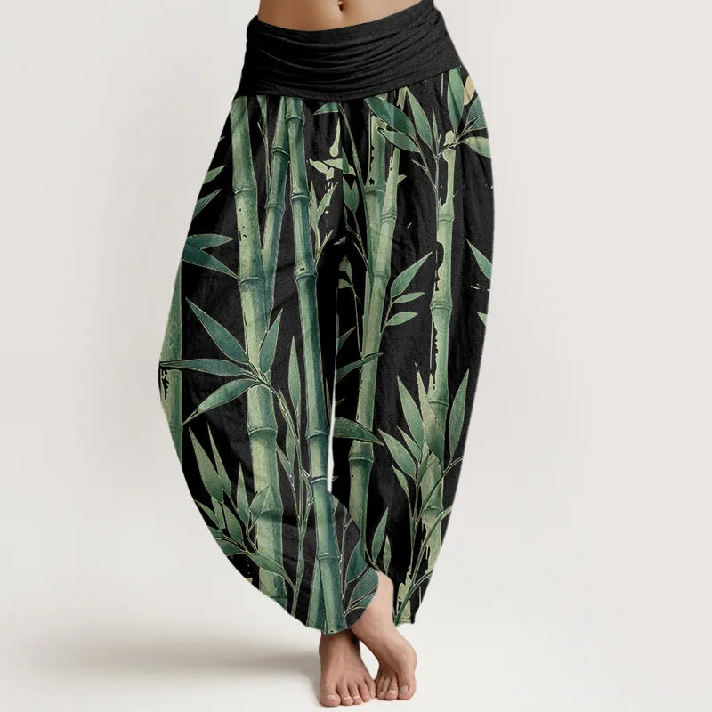 Buddha Stones Casual Bamboo Leaves Pattern Women's Elastic Waist Harem Pants