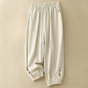 Buddha Stones Casual Embroidery Flower 7-8 Length Cropped Pants Women's Cotton Harem Pants With Pockets