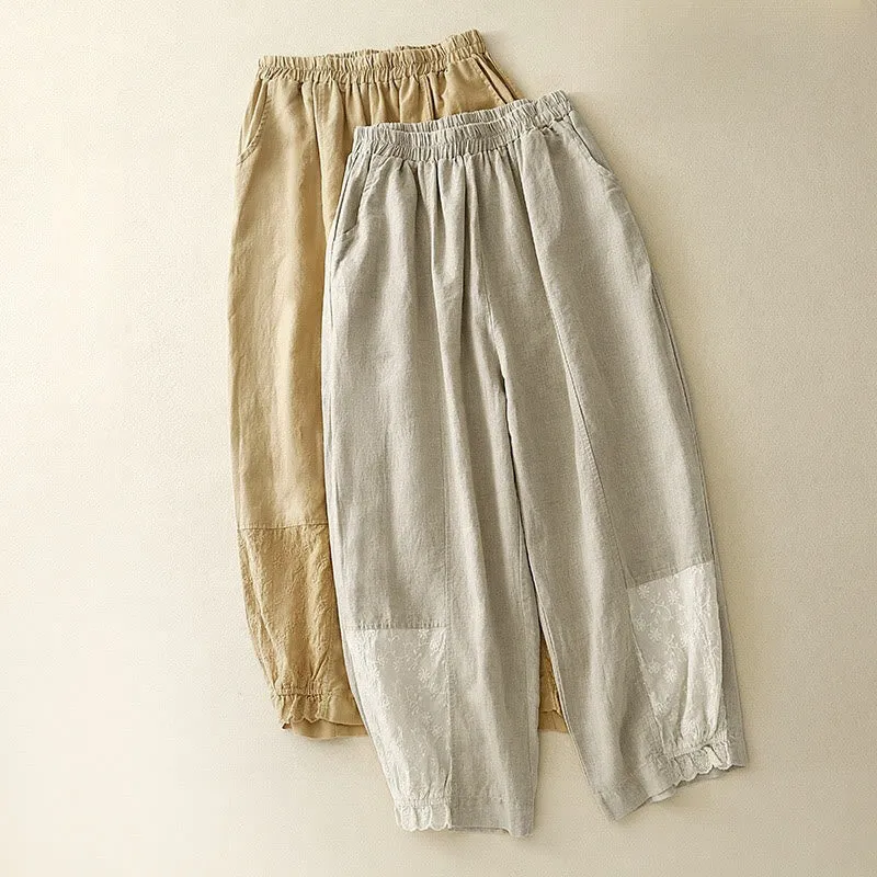 Buddha Stones Casual Embroidery Patchwork Fabric 7-8 Length Cropped Pants Women's Cotton Harem Pants With Pockets