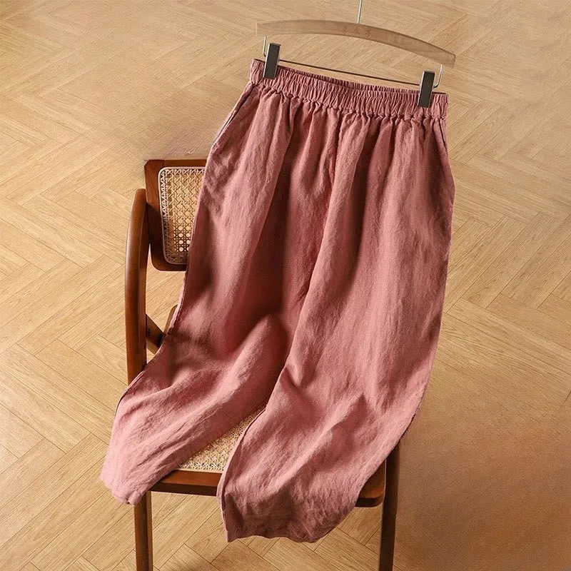 Buddha Stones Casual Plain High Waist Cotton Linen Women's Harem Pants With Pockets
