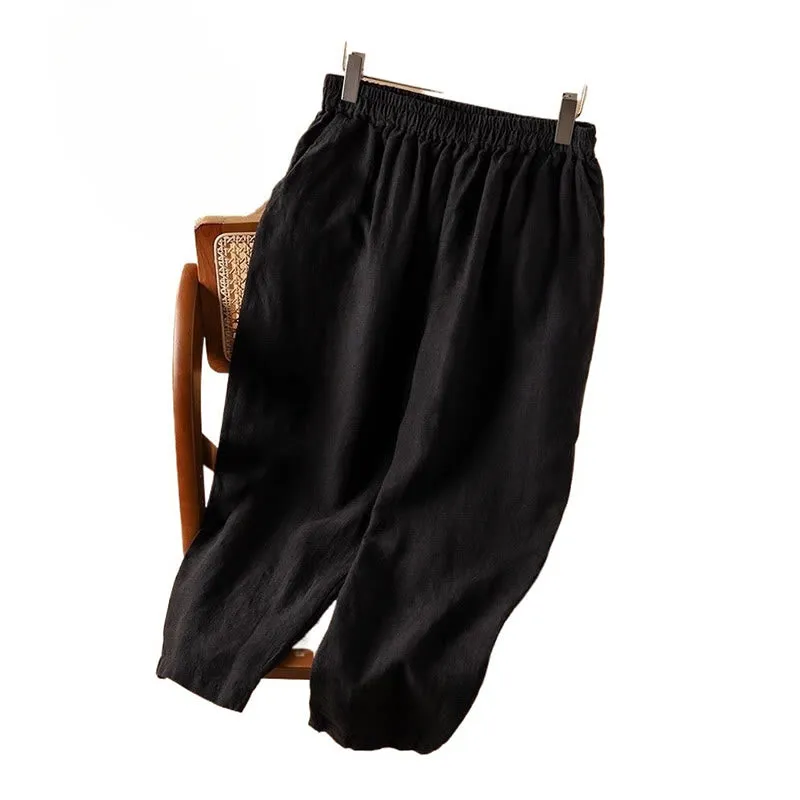 Buddha Stones Casual Plain High Waist Cotton Linen Women's Harem Pants With Pockets